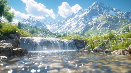 Scenic mountain landscape with a flowing waterfall and clear water.