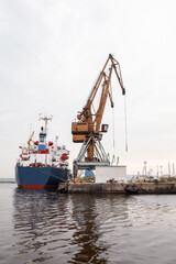 Fototapeta premium Portal cranes are under cloudy sky, vertical photo