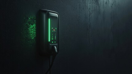 Electric vehicle charger mounted on a sleek black wall with a glowing green light, symbolizing modern eco-friendly technology