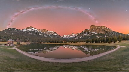 A serene mountain landscape at dawn with a reflecting lake and starry sky.