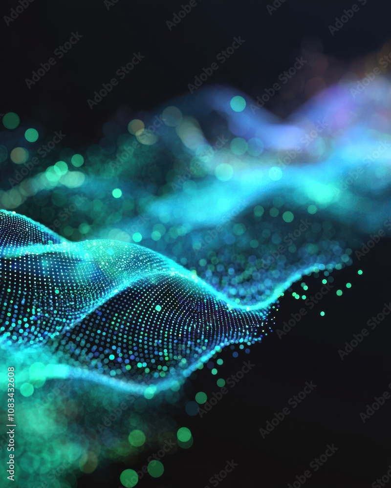 Poster dynamic digital waves visualization abstract art graphic design dark environment close-up view futur