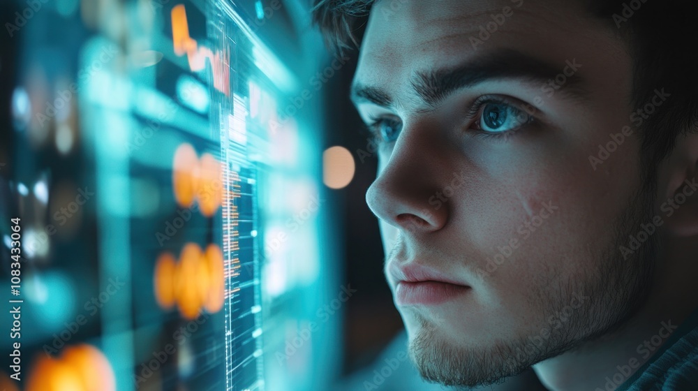 Poster a focused individual gazes at a digital interface filled with data and graphics.