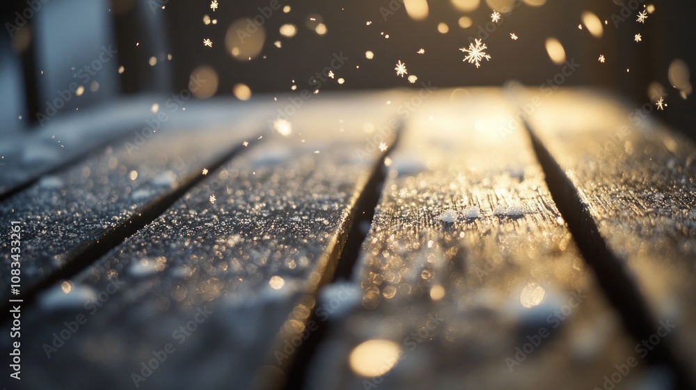 Poster snowflakes falling on a wooden surface with bokeh
