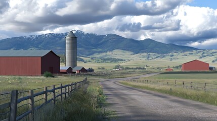 Scenic rural landscape featuring barns, a silo, and mountains under a cloudy sky.