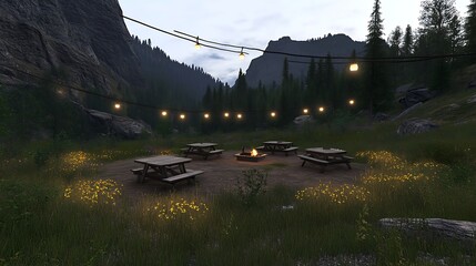 A serene campsite with picnic tables, a fire pit, and string lights in a natural setting.