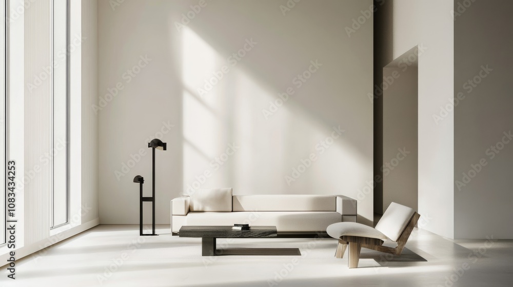 Poster a minimalist living room design with a white canvas backdrop, strategically arranged minimal furnitu