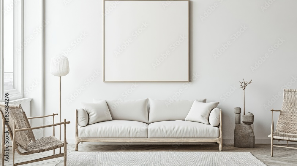 Poster a minimalist living room design featuring a white canvas backdrop, strategically arranged minimal fu