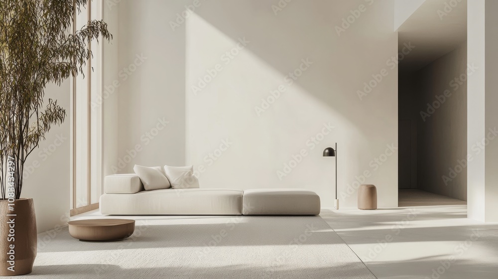Poster a minimalist living room design with a white canvas backdrop, strategically arranged minimal furnitu