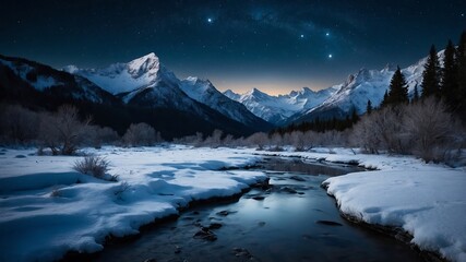 Obraz premium SnowyMountainValleyBackgrounds, WinterLandscapeVisuals, SnowCoveredNatureScenes, FrozenValleyDesigns 