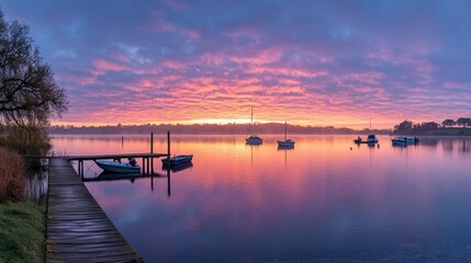 A serene sunset over a calm lake with boats and a wooden dock.