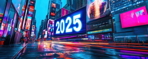 Futuristic city with 2025 shining on neon-lit digital billboards.