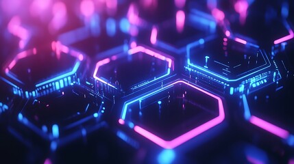 Fototapeta premium Dynamic neon hexagons digital space abstract design futuristic environment close-up view technology concept