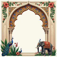 Mughal decorative garden arch peacock pattern frame with elephant and plants illustration for invitation