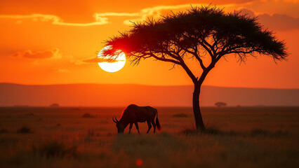 Fototapeta premium A wildebeest grazes in a field as the sun sets, its silhouette framed by a tree