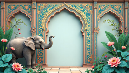Mughal decorative garden arch peacock pattern frame with elephant and plants illustration for invitation