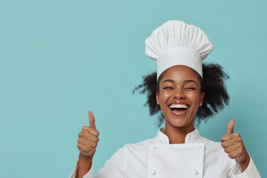 Happy chef gesturing thumbs up on turquoise background