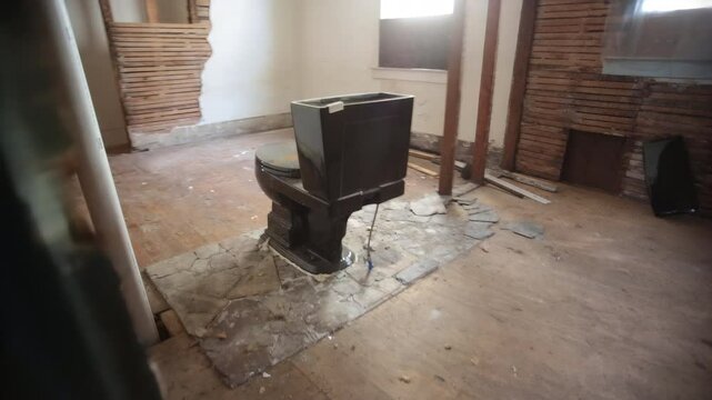 Black Toilet Stands in Gutted Building Interior During Demolition or Renovation Project
