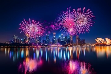Fototapeta premium Spectacular New Year's Eve Fireworks Over City Skyline