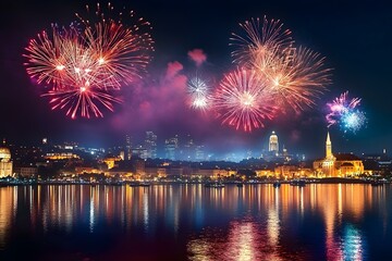 Spectacular New Year's Eve Fireworks Over City Skyline
