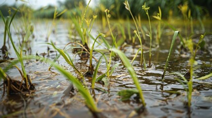 Serene Aquatic Plants: Close-up view of vibrant green aquatic plants thriving in calm, shallow water, showcasing the beauty of nature's resilience. 
