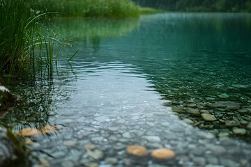 Fototapeta premium Clear Waters of Small Lake on Rainy Day