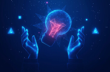Digital AI Technology Concept. An abstract illustration of hands holding a glowing lightbulb, symbolizing creativity, innovation, and new ideas. Generative AI Content