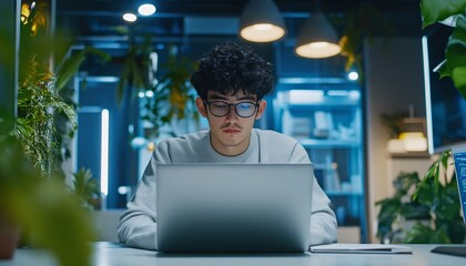 A focused individual works on a laptop in a modern, plant-filled workspace, emphasizing productivity and a serene atmosphere.