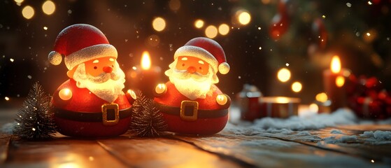 Fototapeta premium Charming Christmas decorations featuring two glowing Santa figurines surrounded by soft lights and festive elements, creating a warm and joyful holiday ambiance.