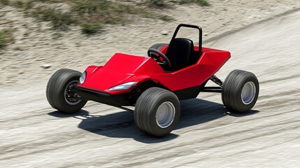 A vibrant red go-kart racing on a dirt track, showcasing speed and fun.