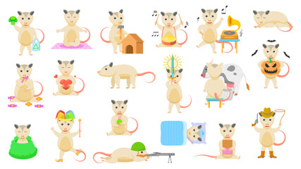 Obraz premium Big Set Abstract Collection Flat Cartoon Different Animal Opossums Vector Design Style Elements Fauna Wildlife