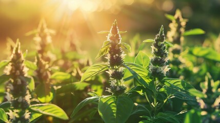 Sun-kissed Basil: A field of vibrant green basil plants bathed in the warm glow of the setting sun, their delicate flowers catching the light, evoking a sense of peace and natural beauty. 