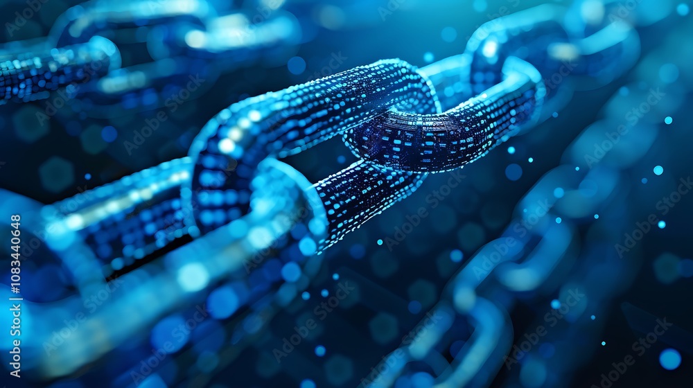 Poster close-up shot of a digitally rendered chain, abstractly representing the concept of blockchain techn