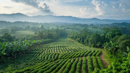 Fototapeta premium Serene Green Hills: A breathtaking aerial perspective captures the tranquility of rolling green hills, lush vegetation, and a clear sky. The image exudes a sense of peace, natural beauty.
