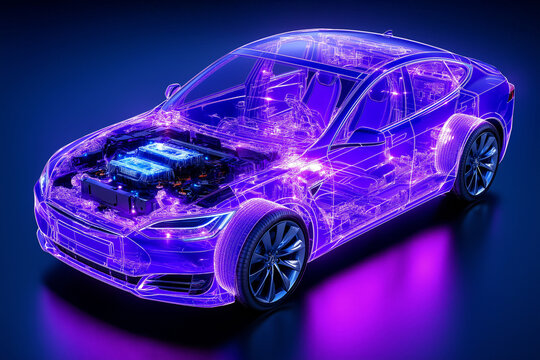 A futuristic car design glowing with electric circuitry, representing advanced automotive technology and innovation.