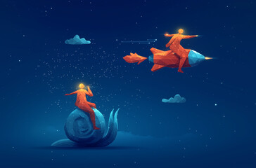 Digital AI Technology Concept. An abstract illustration of a person riding a rocket and another on a snail, symbolizing the choices we make and the pace of life. Generative AI Content