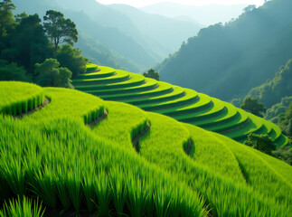 Obraz premium Green rice terrace against the backdrop of the forest. The terraces are arranged in a grid pattern and are separated by small dirt paths. The entire stage is bathed in soft sunlight.