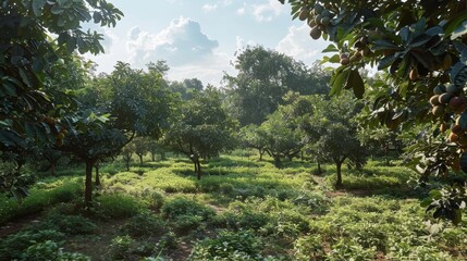 Fototapeta premium Serene Orchard Landscape: Sun-dappled orchard with lush green grass, under a partly cloudy sky. The scene evokes tranquility and natural beauty.
