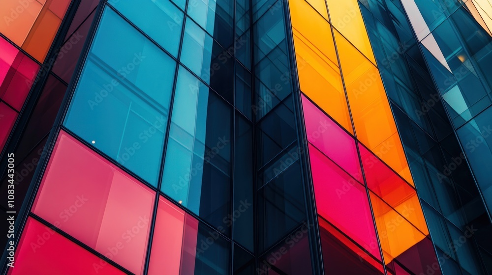 Poster abstract close-up of a modern building with colorful glass panels