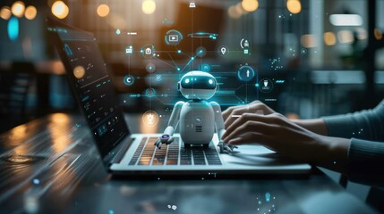 A person using AI-powered tools to automate social media replies and engagement, analyzing chatbot interactions and real-time responses on a laptop