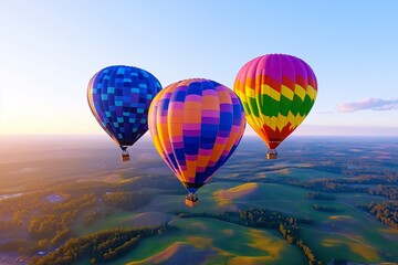 Three vibrant hot air balloons soar above a scenic landscape at sunset, creating a picturesque aerial view of nature"s beauty.