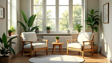 A well-lit therapy office with two comfortable chairs, a small table, and several plants. Generative AI