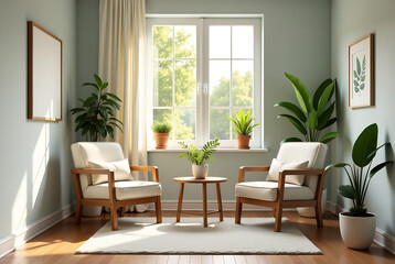 A well-lit therapy office with two comfortable chairs, a small table, and several plants. Generative AI