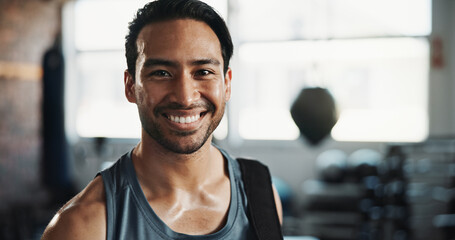 Man, sweat and portrait in happiness for exercise, intense workout and wellness with energy. Male...