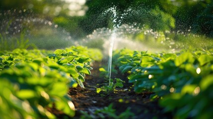 Fototapeta premium Watering Young Plants: A close-up shot of a sprinkler gently watering rows of thriving young potato plants in a lush garden, bathed in the golden light of the setting sun.