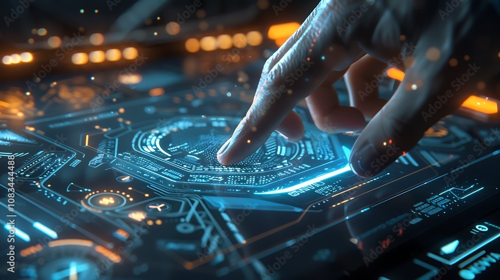 Poster close-up shot of a finger touching a futuristic digital interface, showcasing advanced technology an