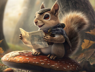 Obraz premium Cute Squirrel Wearing a Cap Holding a Map While Sitting on a Mushroom in a Forest During Autumn with Colorful Leaves and Soft Light
