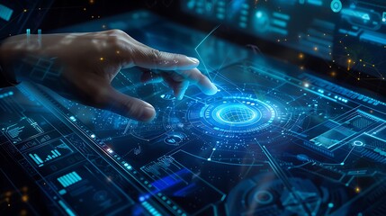 Hand interacts with a futuristic digital interface, showcasing technology and innovation.