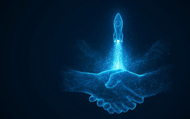 Digital AI Technology Concept. An abstract illustration of a handshake with a rocket launching, symbolizing partnership, growth, and new beginnings. Generative AI Content
