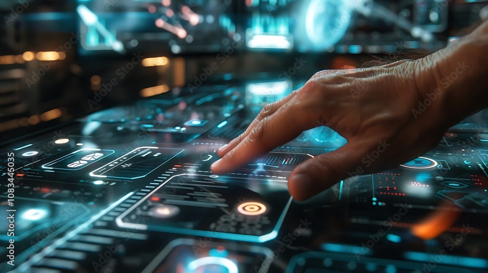 Poster hand interacting with a futuristic technology interface showcasing a sleek, modern advanced design. 