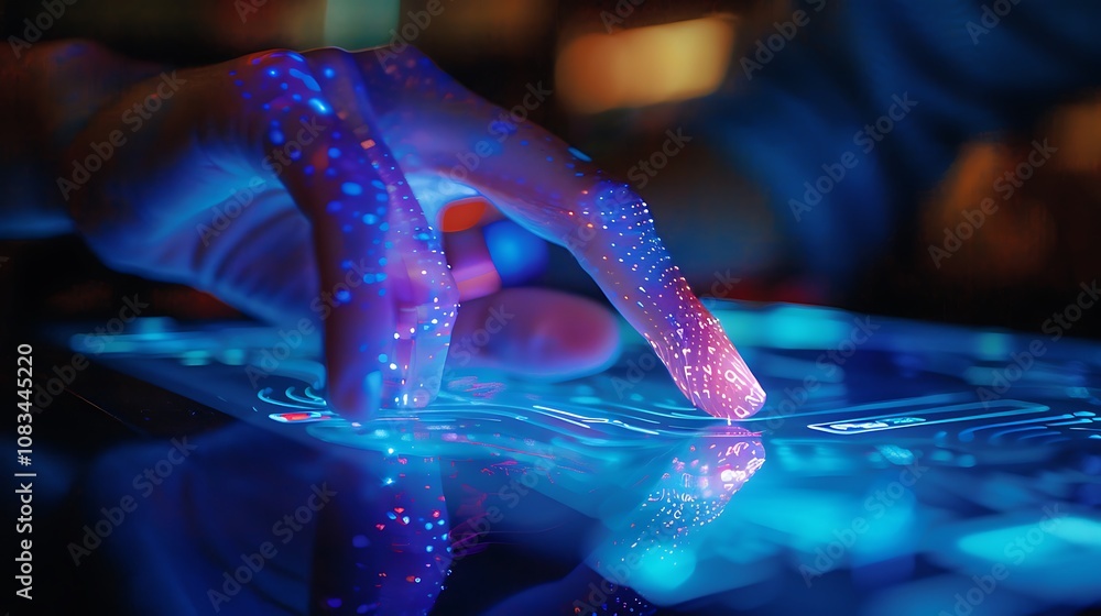 Poster hand interacting with a digital interface, showcasing the intricate details of the touchscreen and t